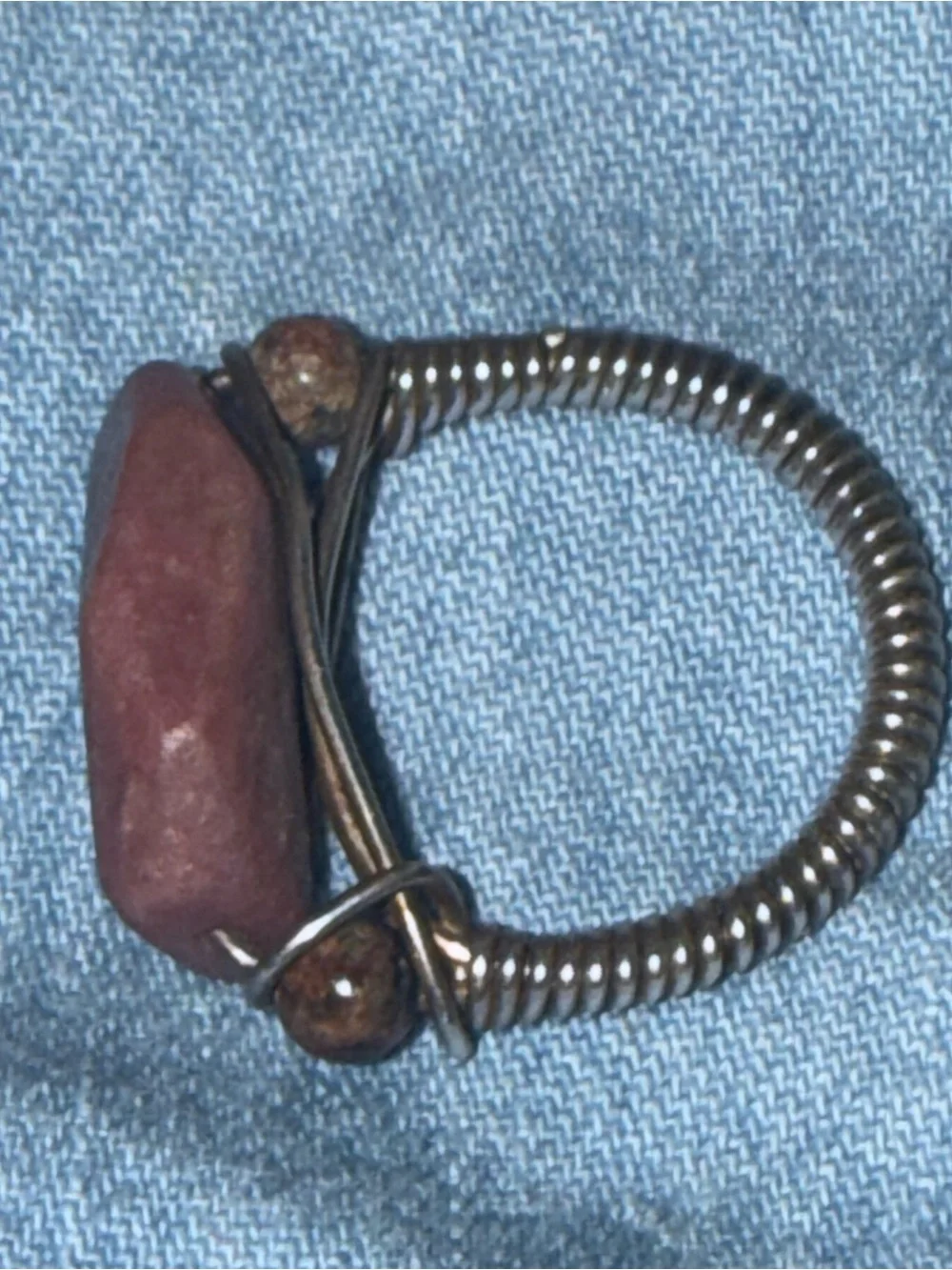 Vintage Artisan Sterling Silver Wire-Wrapped Ring w Natural Pink Rhodonite Stone
